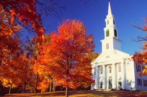 The small village of Granby, Massachusetts during peak autumn foliage season.